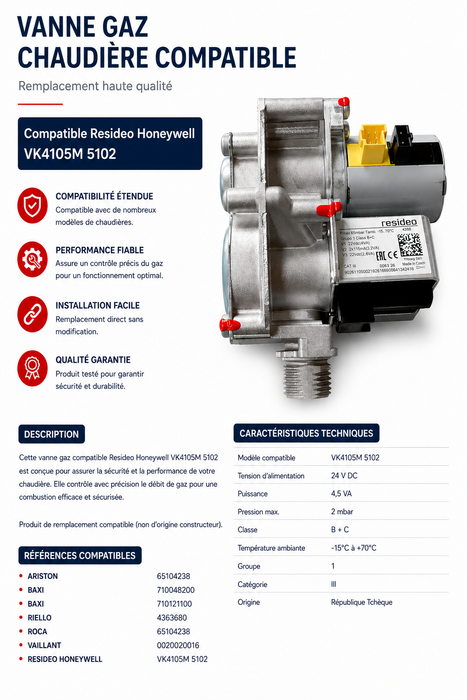 Vanne gaz Resideo – Chaudière – Pmax 65 mbar