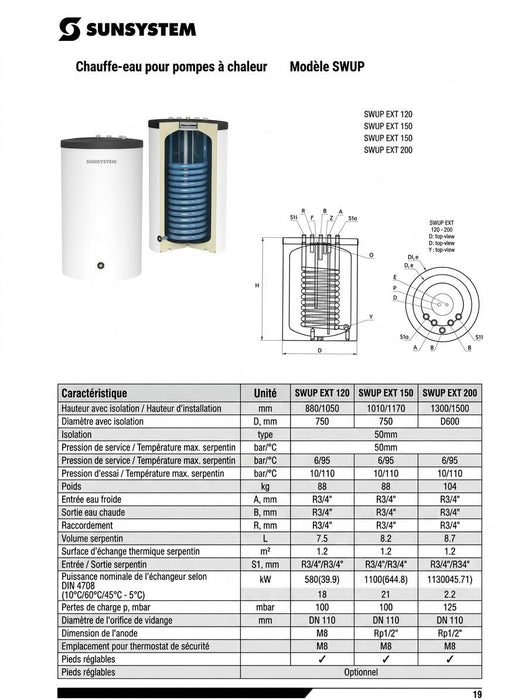 Ballon ECS SUNSYSTEM SWUP EXT 200 L à serpentin - pompe à chaleur et chaudière à gaz