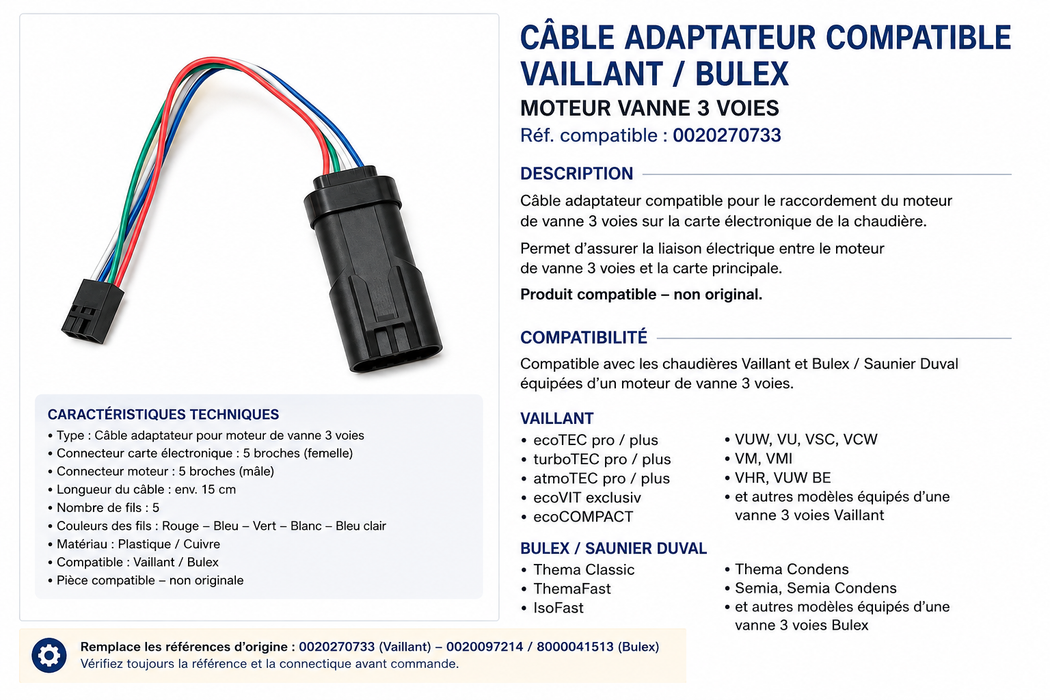 Câble adaptateur compatible pour moteur de vanne 3 voies